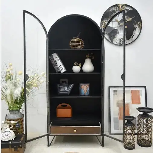 Art crafted Shabby Chic Black Dark Storage Arched Display Cupboard Glass Door 3 Shelf 1 Drawer Cabinet Metal Leg Base bookcase