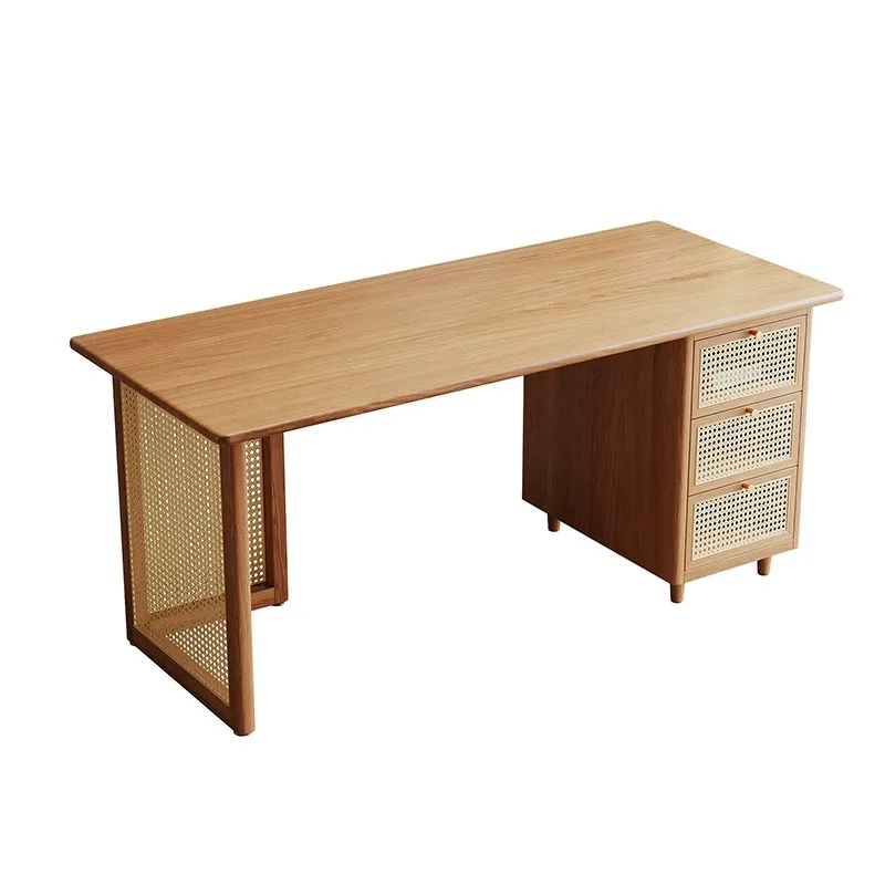 Rattan net solid wood light luxury Japanese study table modern home small study table log boss computer table