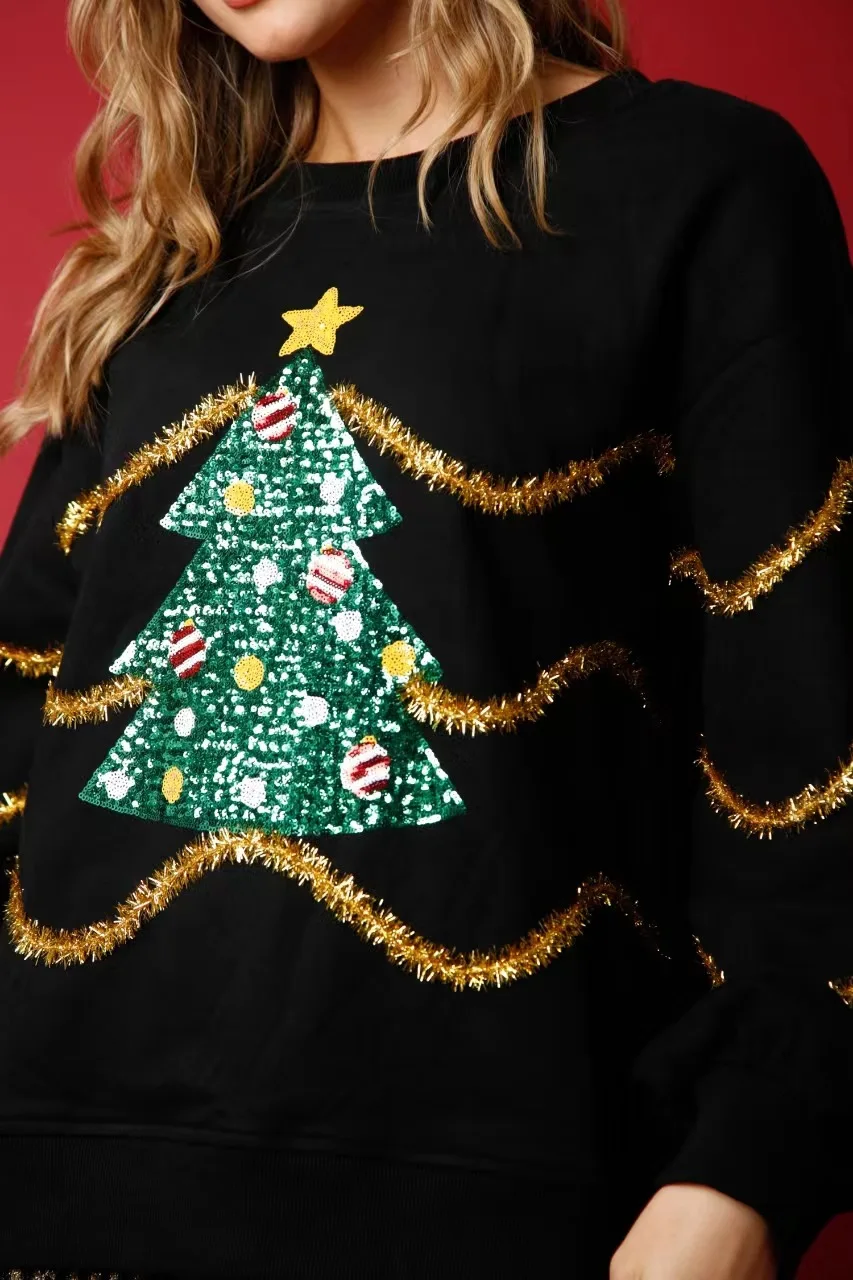 Women Casual Loose Top  Printed Christmas Tree Sequin Glitter Long Sleeve Hoodie Autumn Winter Embroidered Logo Back Sweatshirt
