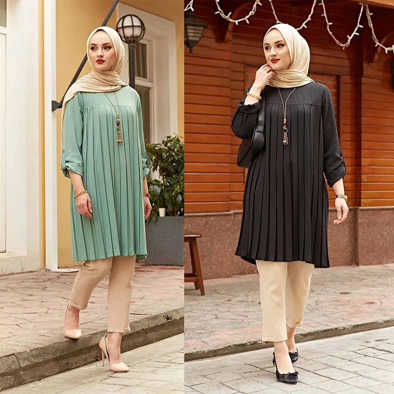 Muslim Girl Pleated Blouse Shirt Adjustable Sleeve Women Top Islamism Blouses for Muslim Women Islamic Clothing
