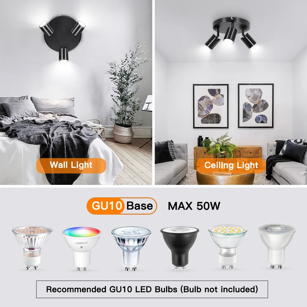 Rotatable 3 Way Black GU10 Spotlight Ceiling Lights Modern Kitchen Lights Ceiling Round Indoor Spot Light Fittings