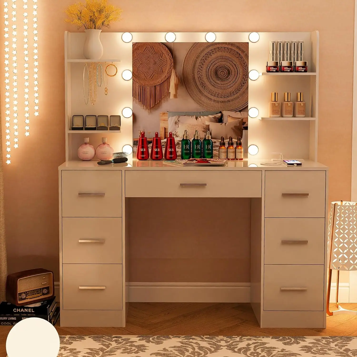 Luxury Modern LED Lights Adjustable Feature White Dressing Table Vintage Bedroom Set Makeup Mirror Storage Specific Use Dresser