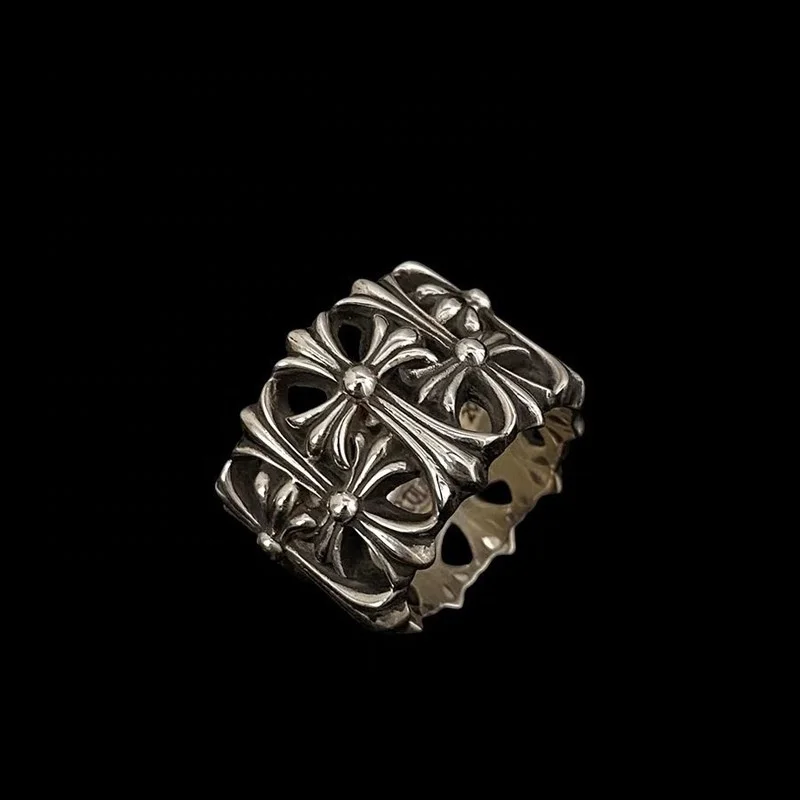 Fine Jewelry Wholesale Vintage Style Oxidation Cross Custom 925 Sterling Silver Chrome Heart Ring for Women Men