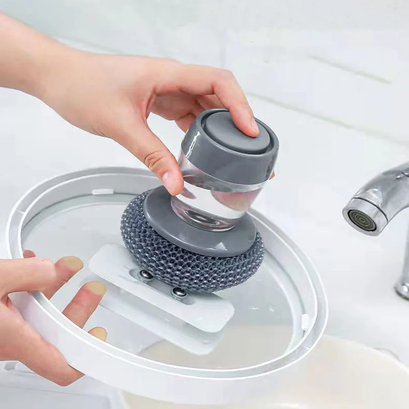 Household Press Type Automatic Liquid Wash Pot Brush Kitchen Stove Cleaning Wire Ball