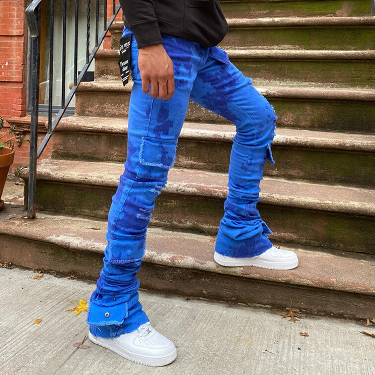 HuiLi High street fashion colorful jeans OEM brand multi pocket washed cargo denim pants slim fit custom stacked jeans men