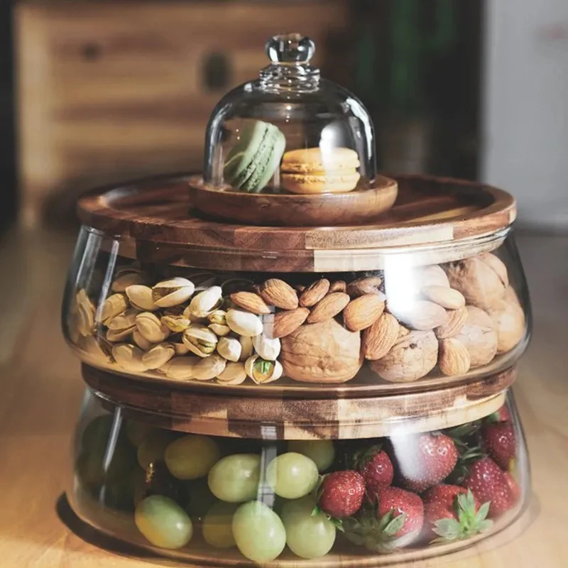 Wooden Trays Glass Bowl Nuts Fruits Food Container For Cereals Jar Double Layer Candy Jars With Wooden Lid Home Kitchen Storage