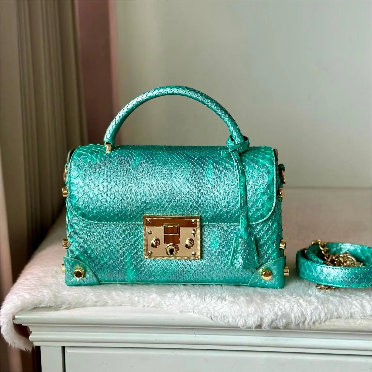 Luxury python style handbag for lady, genuine leather python snake style handbags