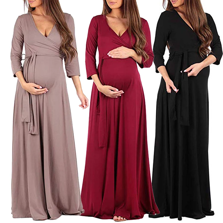Lover Beauty  Loose Comfort Soft Deep V-Neck Waist Belt Cropped Sleeves Maternity Wear Women Long Maternity Dress