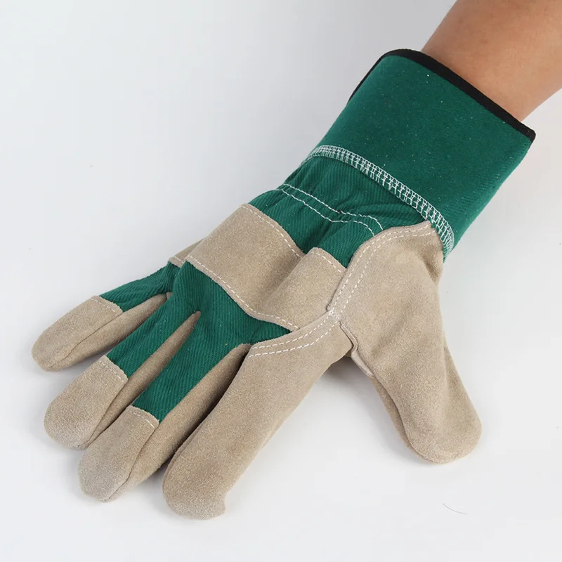 10.5' AB grade full palm cow split leather twill fabric custom logo rigger gloves rugged  lime green leather gloves