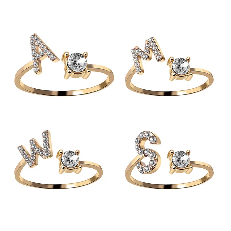 26 Letters Rings for Women Diamond Rhinestone Studded Zirconia Open Adjustable Jewelry