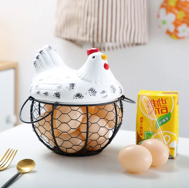 Egg Holder Iron Chicken Shape Ceramic Hen Ornament Fruit Storage Basket Durable Egg Storage Basket