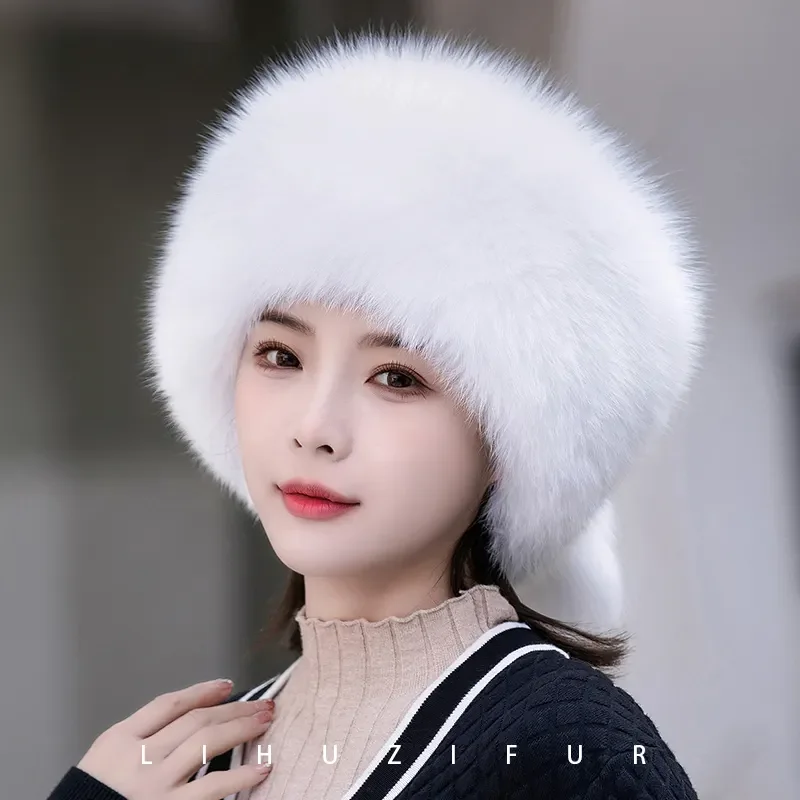 MWfur Fashion Russian Raccoon Fur Silver White Fox Fur Hat For Women Ladies Winter Plush Fox Fur Hat with Tail