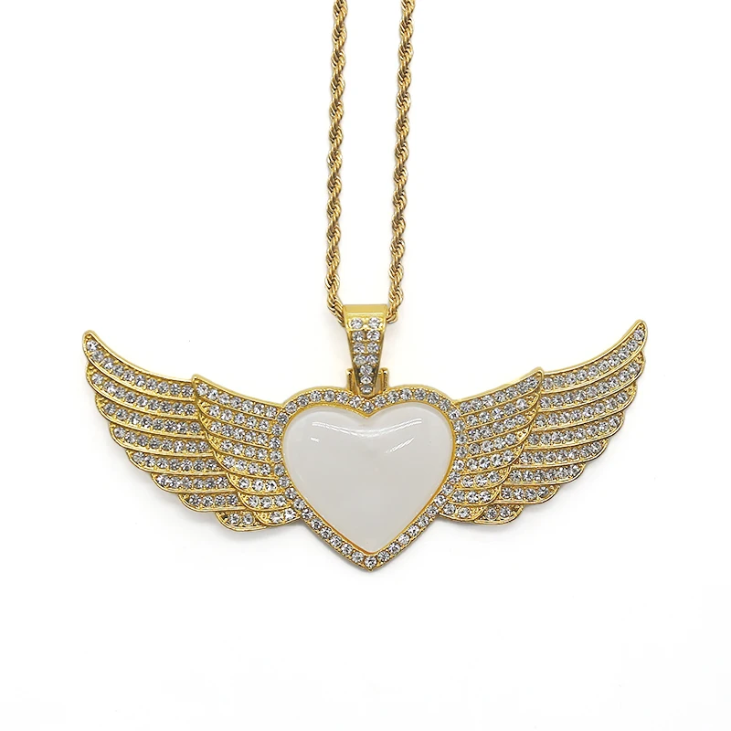 Custom Jewellery Photo Diy 2022 New Heart Angel Wing Hip Hop Jewelry Pendant Necklace Sublimation Wing Necklace Blanks