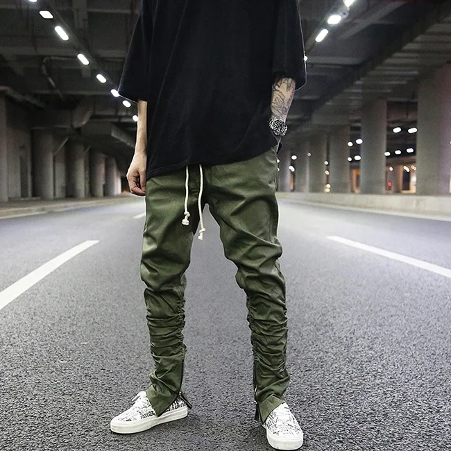 OEM fog trendy plain color draped stretch waist pants men stock slim fit ankle zipper jogger pants teen punk rap streetwear