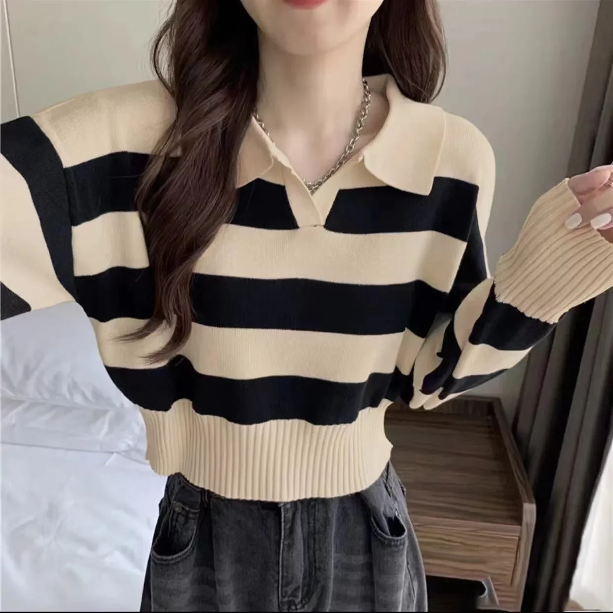 Lazy Stripe Contrast Polo Neck Sweater for Women Long Sleeved Knitwear Thin Knitted Bottom Top for Girls