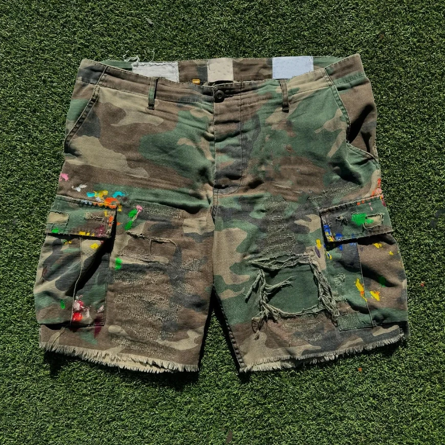 Manufacturer Custom utility pocket camo distressed ripped all over print camouflage jorts cargo jeans denim shorts for men