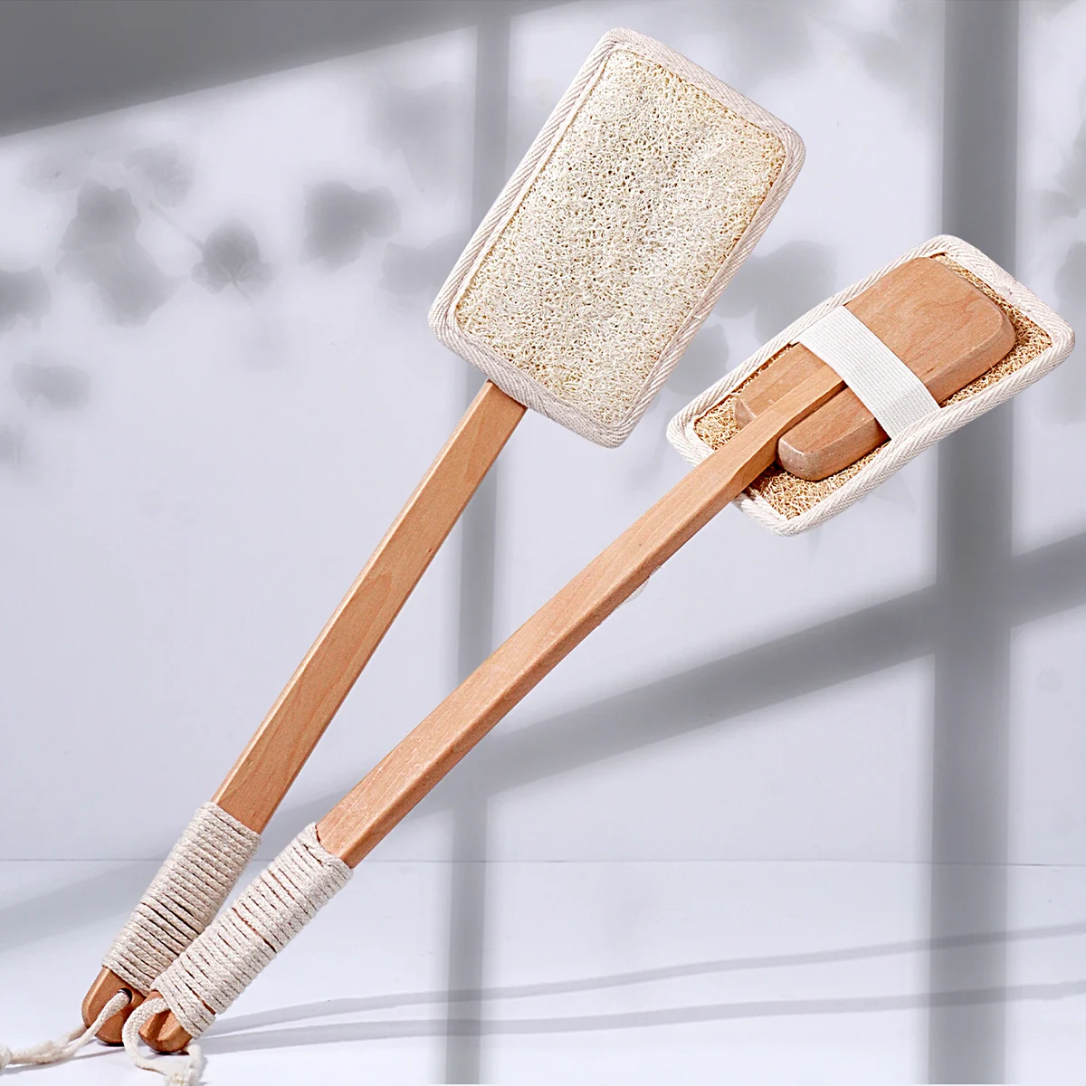 Double sides loofah Natural Exfoliating Loofah Luffa Back Sponge Scrubber Brush with Long Wooden Handle Bath Spa Detachable