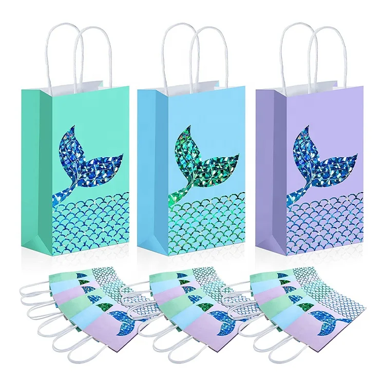 Mermaid Eco Party Favors Bags Presents Bag Set Little Mermaids Tail Goodies Bag For Candy, Chocolate, Accessories