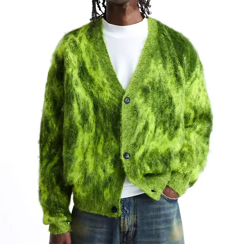 Custom OEM Men Knit Mohair Sweater Fashionable Brushed V-neck Bright Apple Green Jacquard Mohair Cardigan Men