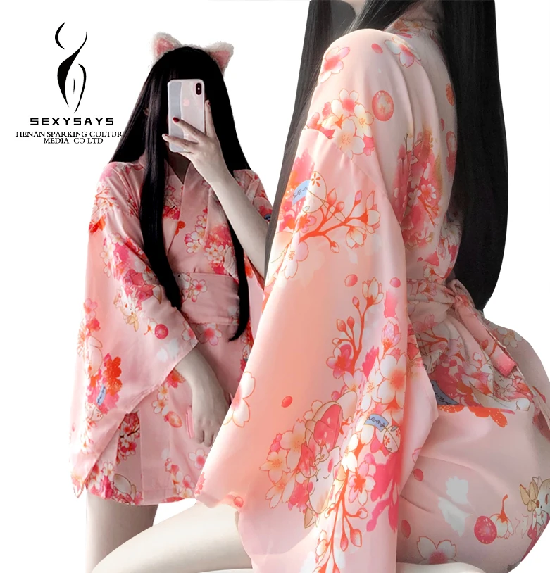 Высококачественное чудесно мягкое японское кимоно Пижама с мультяшным принтом пикантное розовое короткое пикантное нижнее белье для косплея