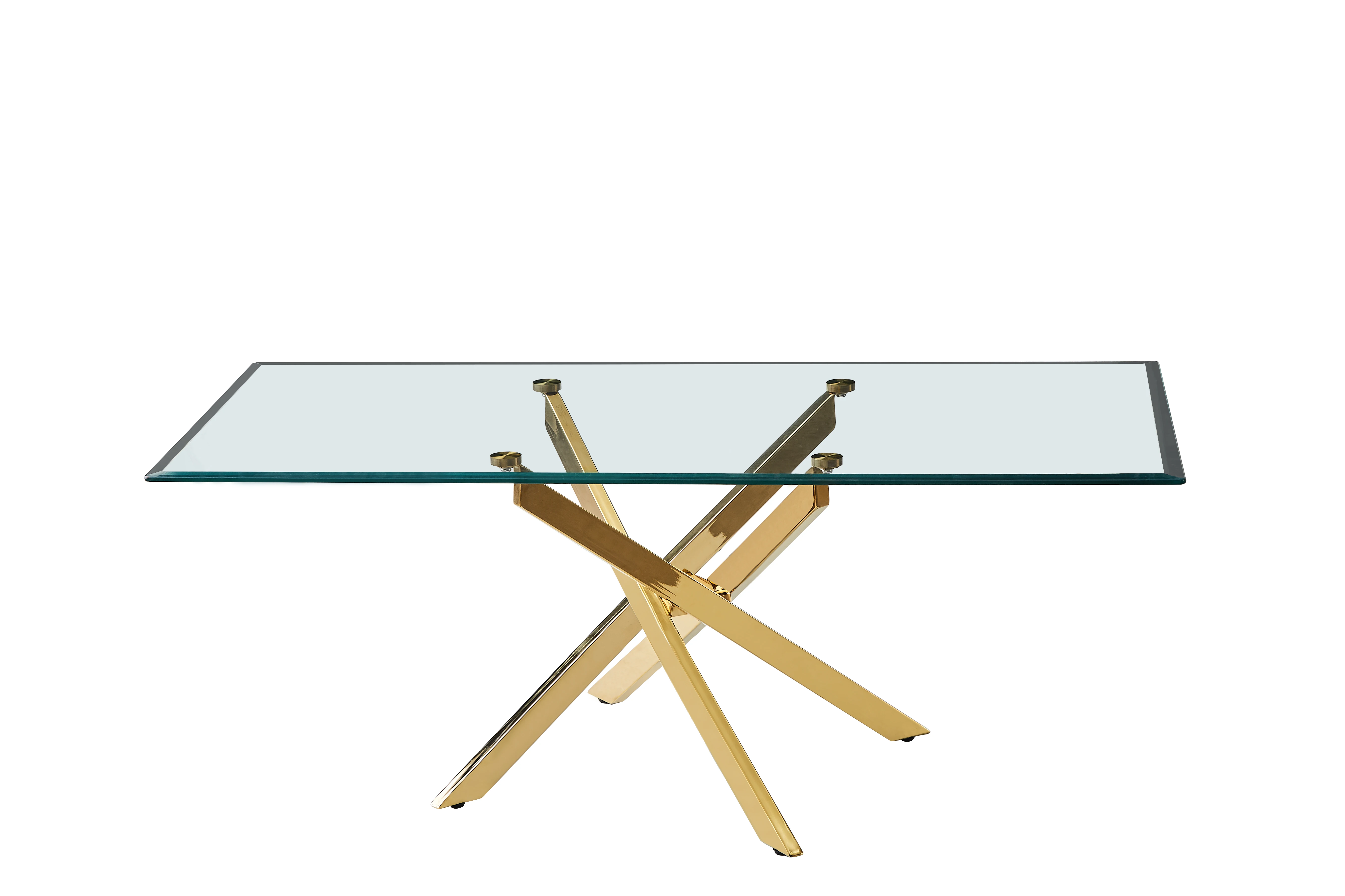 Stable And Long Lasting Rectangular Clear Glass Top Dining Table With 4 Silver Plating Metal Legs For Home Dining Room