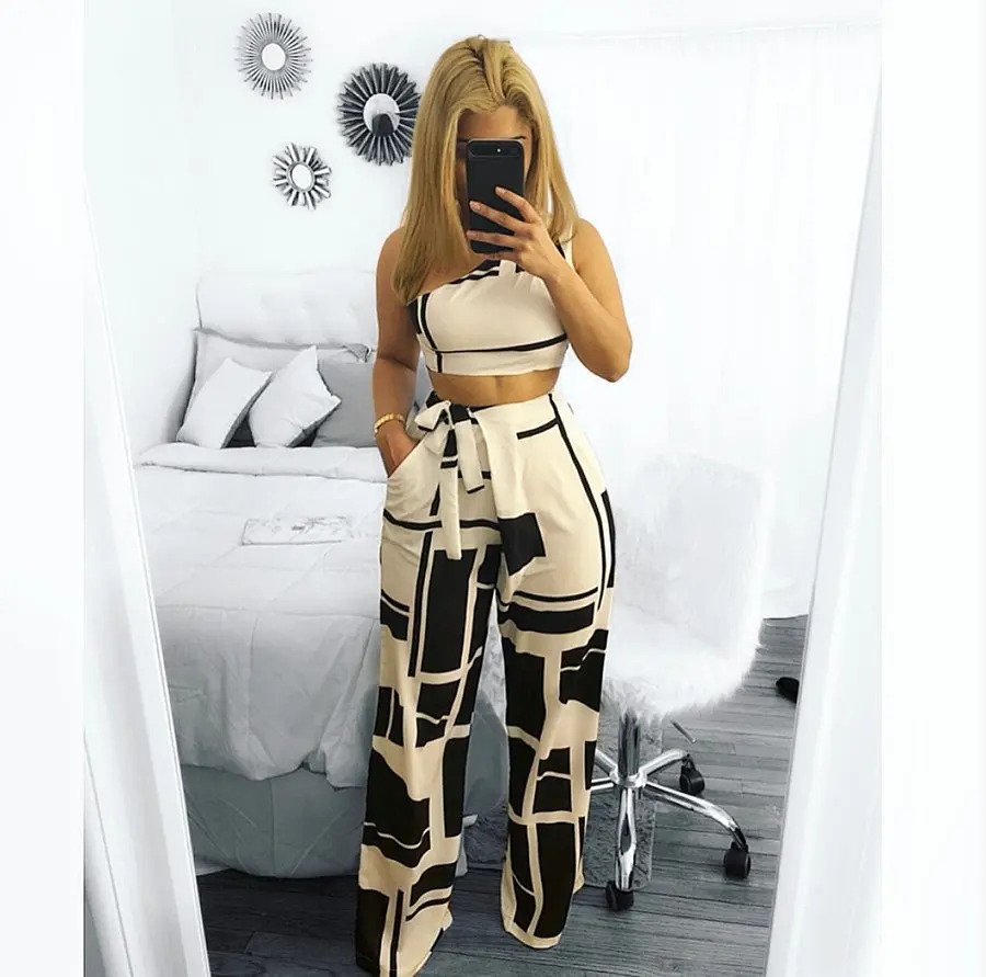 
Sexy Plaid Casual Ladies Trouser Suit High-Waisted Women Two Piece Jump suit Baggy Trouser Suits 