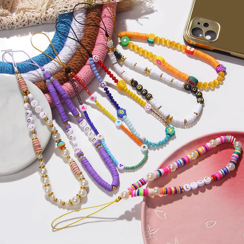 Fashion Jewelry beaded Rainbow Fruit smaily face style mobile phone chains beads women phone strap phone charms