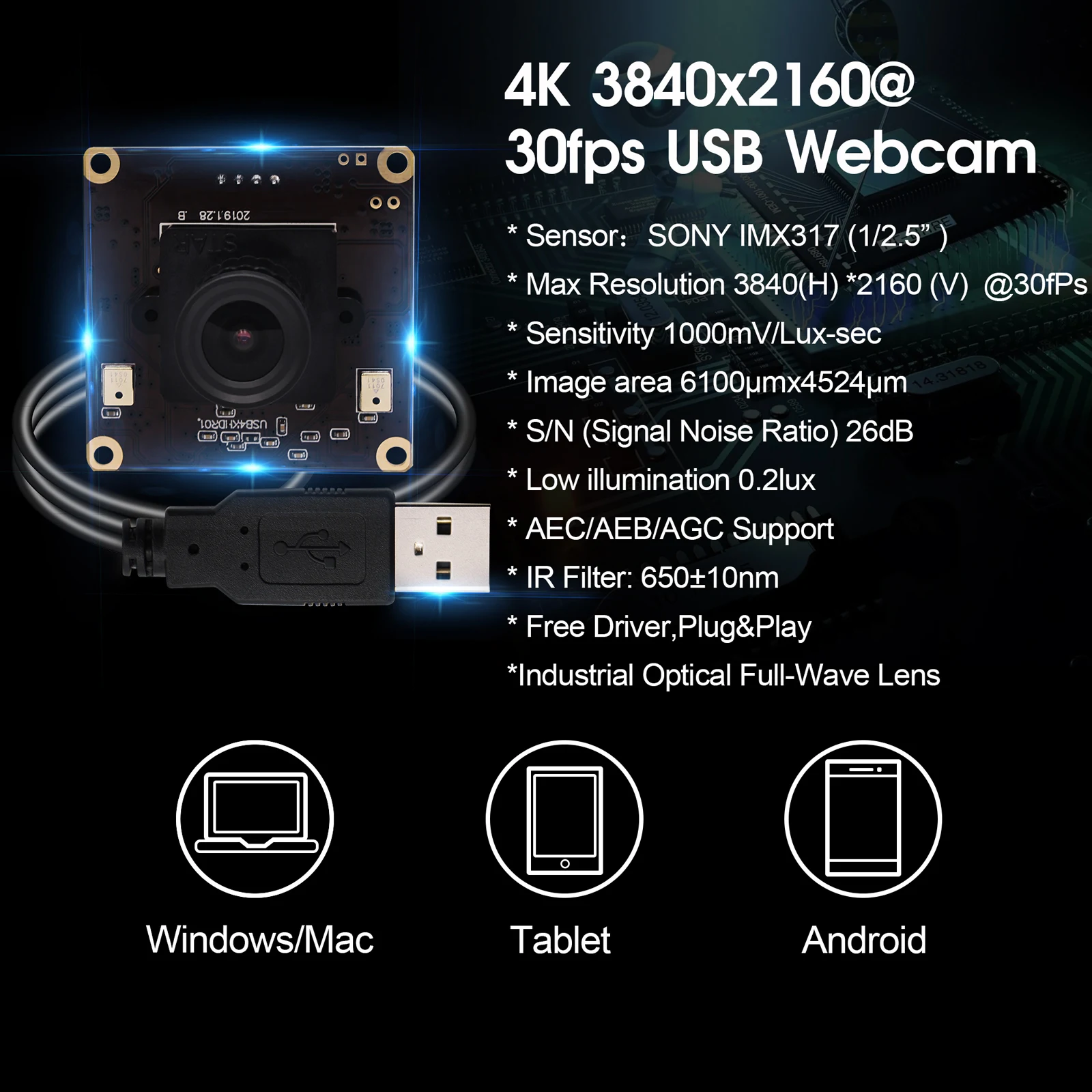 ELP 4K 30fps Camera Sony Sensor High Resolution Video Webcam CCTV Security Mini Board USB Camera Module For Windows Linux Mac