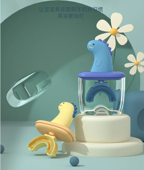 Wholesale Design Detachable Q Bomb Soft 306 Degree Deep Cleaning Non-slip Dinosaur Handle ABS Manual Kids U-Shaped Toothbrush