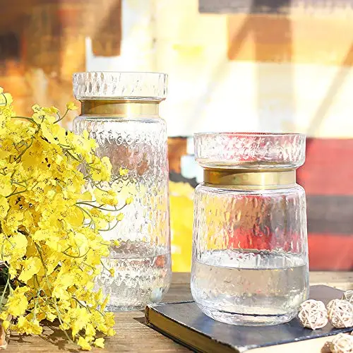 
Cylinder Clear Hammered Glass Flower Arrangement Vase Brass Gold Band Decor Dining Table Centerpieces Gifts for Wedding 