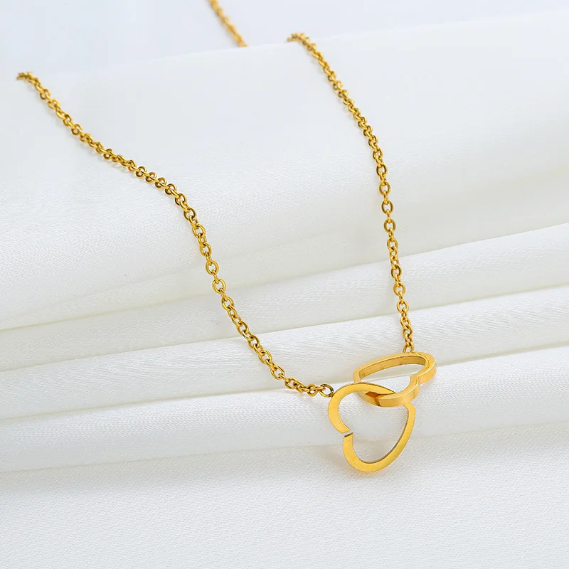 Elegant Ladylike Heart Collarbone Necklace Double Hollowed Heart Gold Fine Chain Stainless Steel Necklace Non Fading
