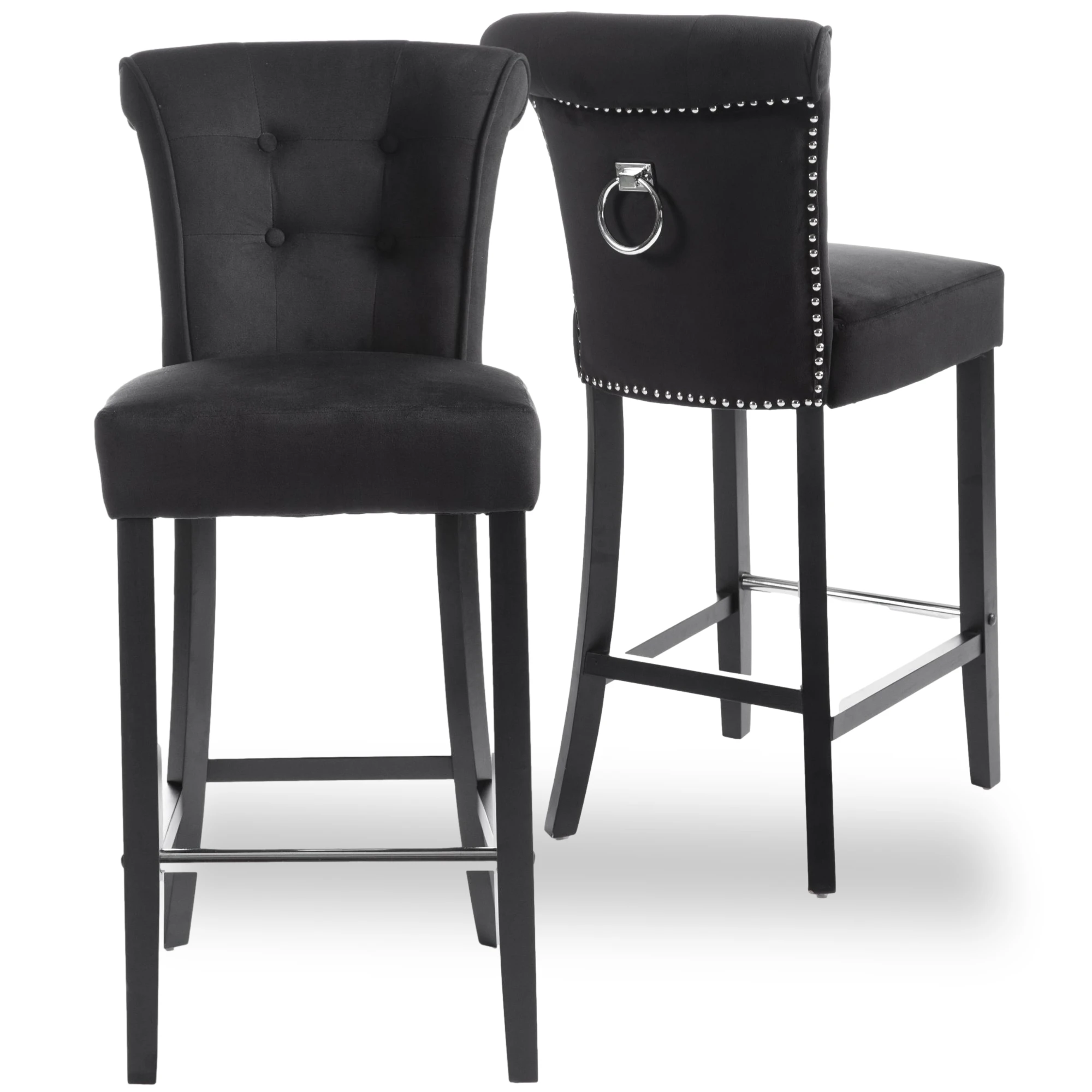Stylish and Cozy Black Velvet Upholstered Solid Wood Cafe Barstool High Chair