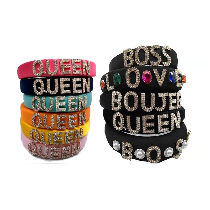 2021 Fashion Black Sponge PADDED Boss Letters Boujee Queen Crystal Baroque Bead Headband Lurex Rhinestone Headband