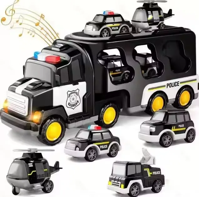 QW Hot Selling New Products in Stock Wholesale Boy Toys Black Inertia Lighting Music Transport Vehicle with Four Small Cars