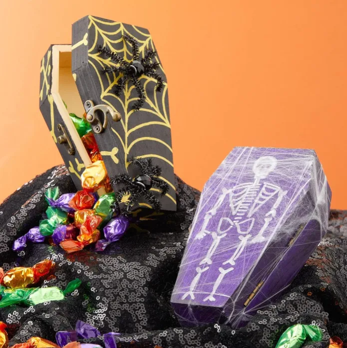 Unfinished Halloween Clamshell Jewelry Storage Box Wooden Coffin Shape Box With Hinged Lid