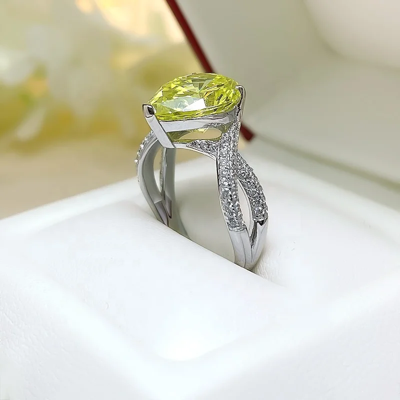 Silver Jewelry Ring Yellow peridot zircon Big CZ Princess Cut Sterling 925 Silver Engagement Ring for Women