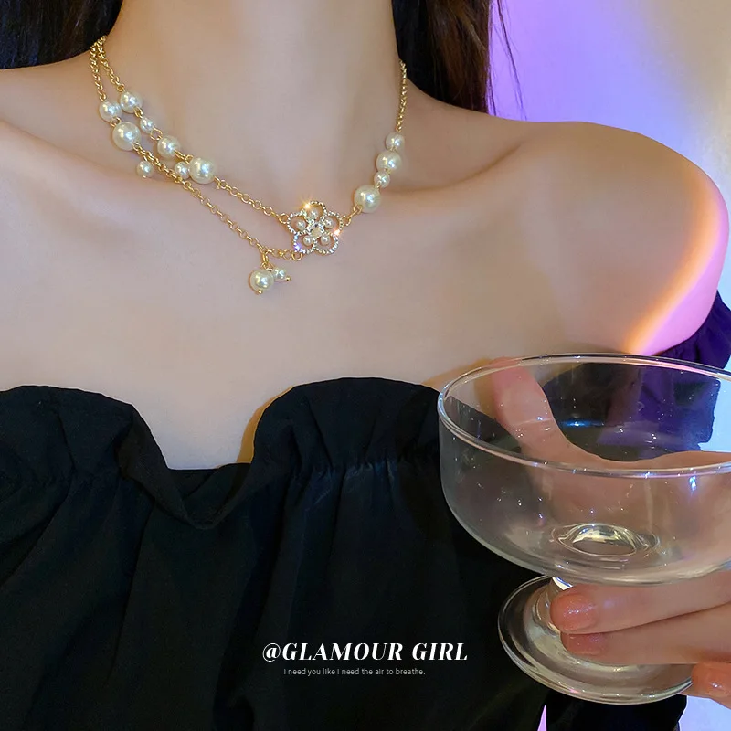 French Retro Flower Perl Necklace Women Luxury Gold Plated Jewerly Necklace Oyster Pearl Necklace Freshwater Jewelry