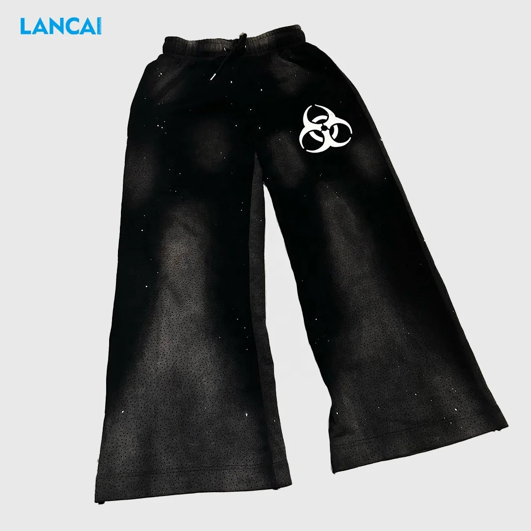 Custom Oversized Acid Washed Beading Sweatpants Rhinestone Screen Print Sun Faded Jogger Cut And Sew Flared Sweat Pants Men