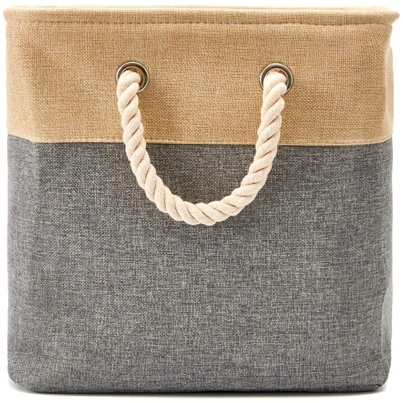 High Quality 3 Pack Cotton Linen Collapsible Toy Storage Box Fabric Storage Basket with Rope Handles