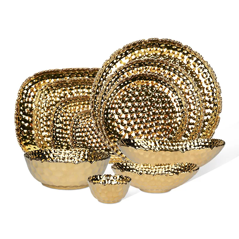Banquet Fine Porcelain Electri-plated Dinner Ware Royal Luxury Ceramic Gold Dinnerware Set