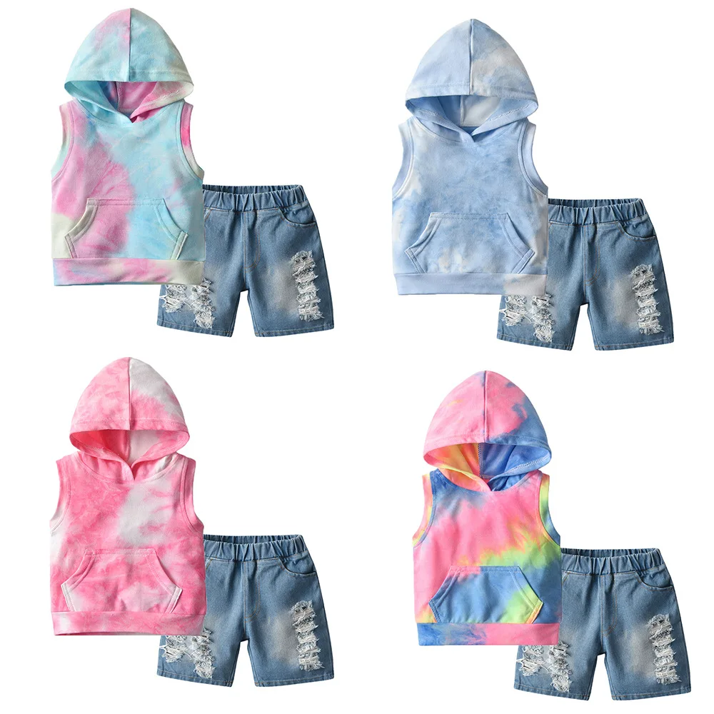 Summer new foreign trade cross border supply boys and girls tie dyed sweater sleeveless hooded Pullover shorts two-piece set