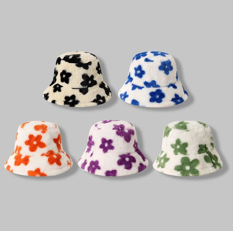Winter warm Flower fisherman hat rabbit hair bucket hat Autumn and winter outdoor thickened basin hat