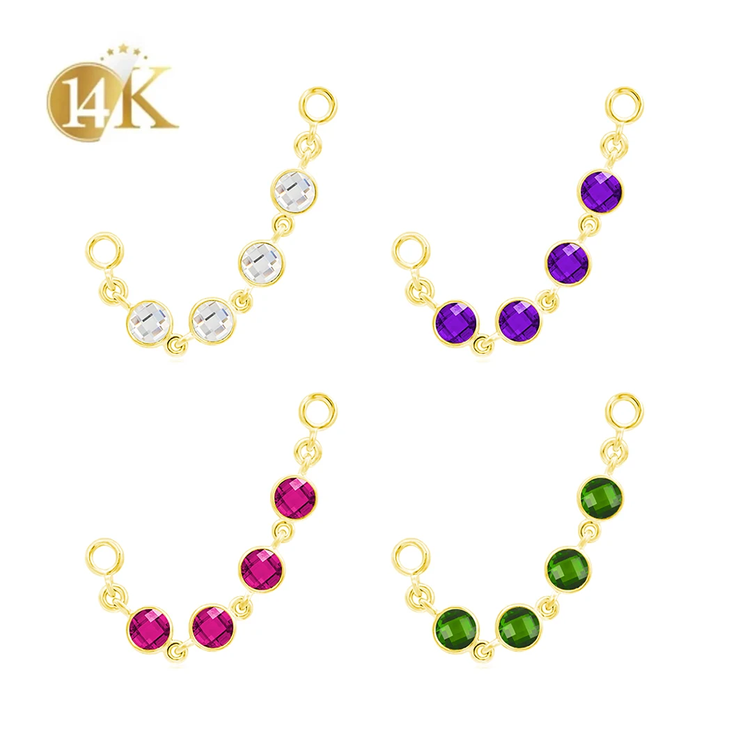 Calendo Fine Jewelry  14k  Solid Yellow Gold Chain Double Connector With  CZ Bead Piercing Body Jewelry