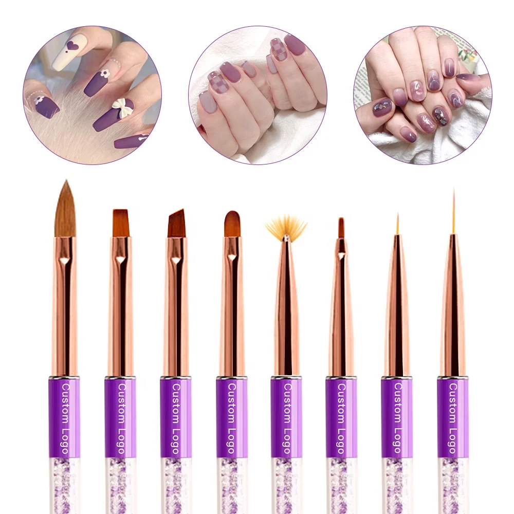 FUUMUUI New Purple Rose Gold Synthetic 8pcs Set Wholesale 3d Oval Flat Round Gel Detail Nail Art Paint Brushes Set Manufacturer