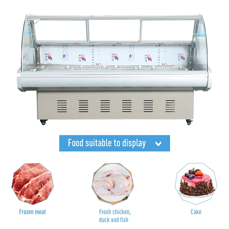 Curved front glass meat display refrigerator chiller supermarket equipment