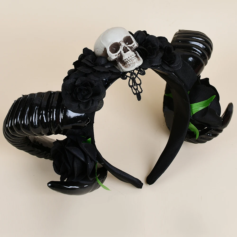 Skull Black Flower Studded Devil Horn Ram Demon Goat Claw Costume Fashion Headband Antlers Cosplay Female Sheep Headdress Gothic