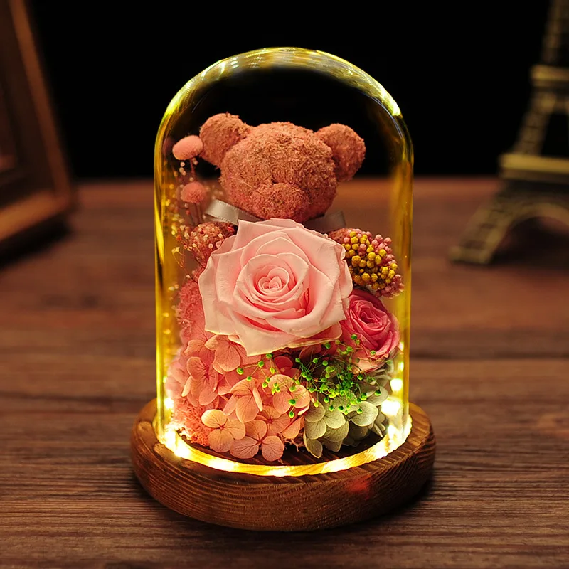 Support Customization Artificial Preserved Roses Flower In Dome Glass