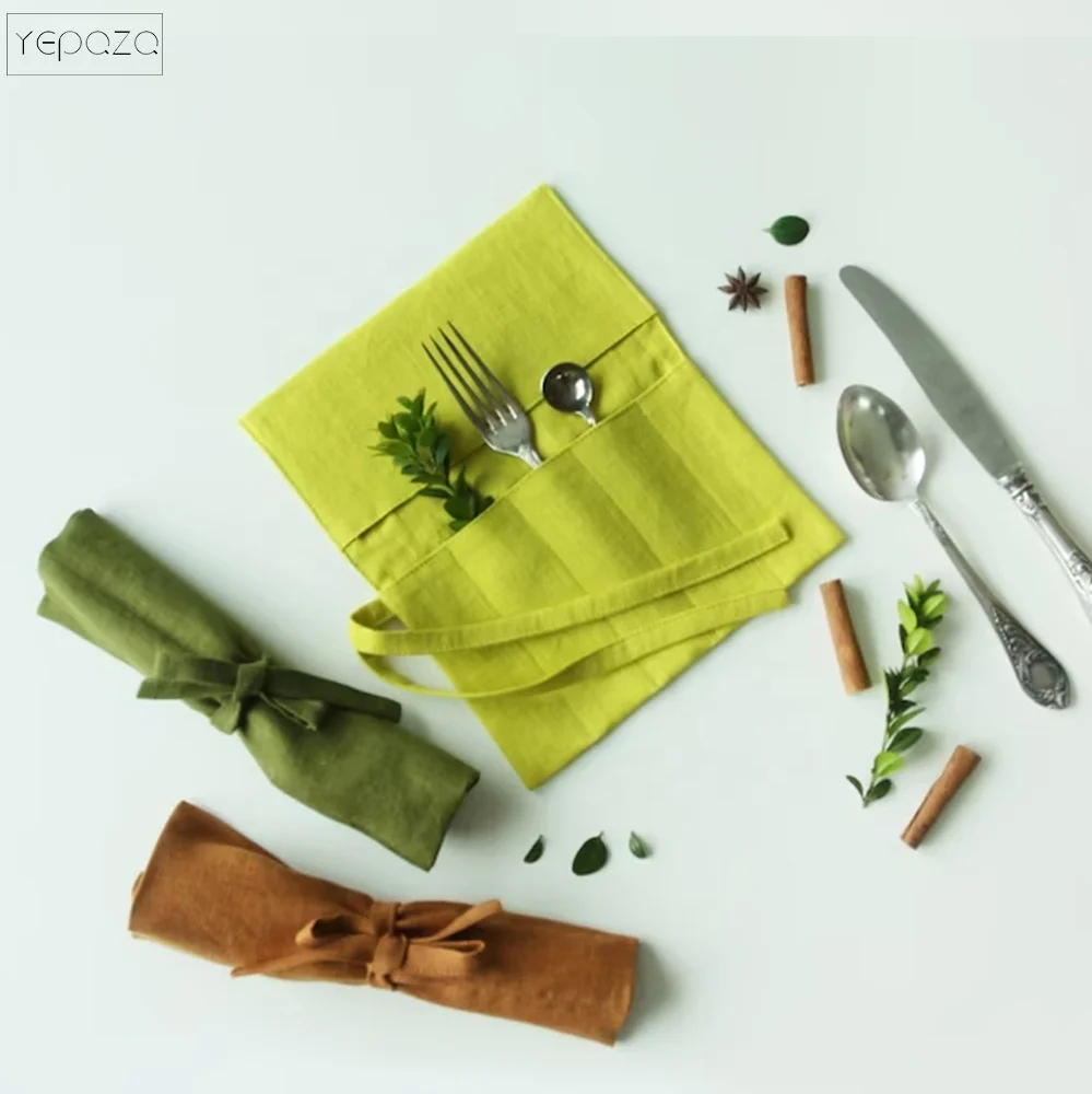 Reusable Utensil Holder Bag Linen Cutlery Roll Picnic Wrap Case
