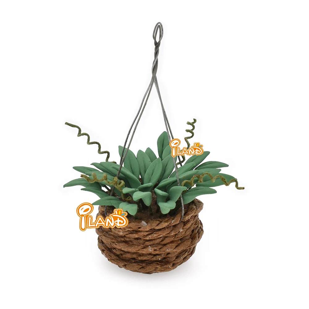 iland 1/12 Doll House Miniature Flower Hanging Basket Mini Clay Green Plant For Dollhouse Accessories Mini Scene Decor