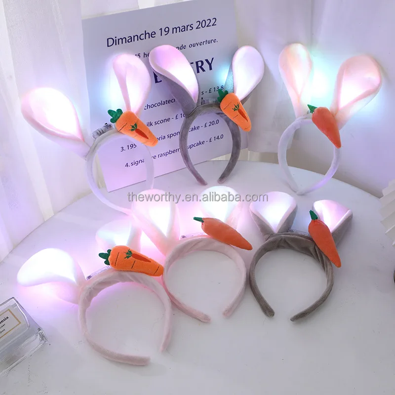 T-Worthy Christmas Party LED Rabbit Headband Toy Plush Flashing Light Glow LED Bunny Headband Animal Ear Headband